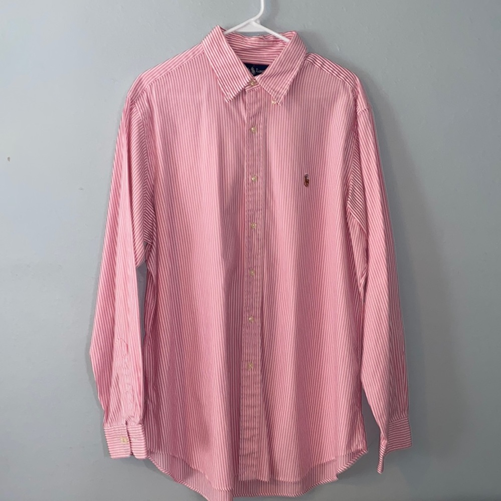 Ralph Lauren Dress Shirt Mens Size 16.5 Pink Stripes Long Sleeve Button Down